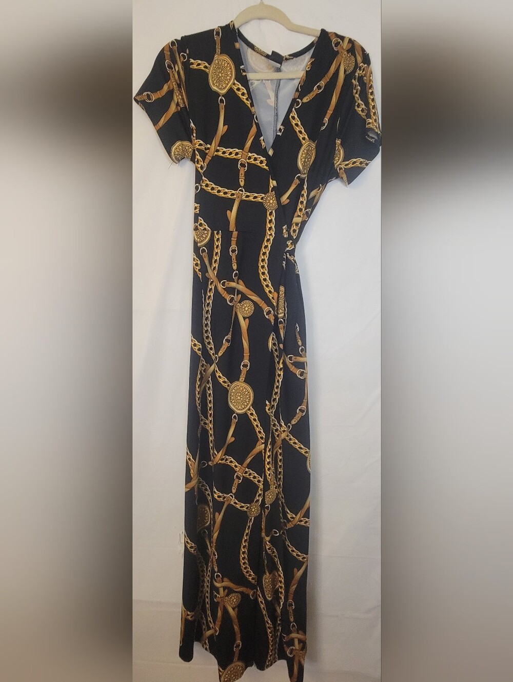 Black & Gold Chain-Print Wrap Maxi Dress with V-Neck